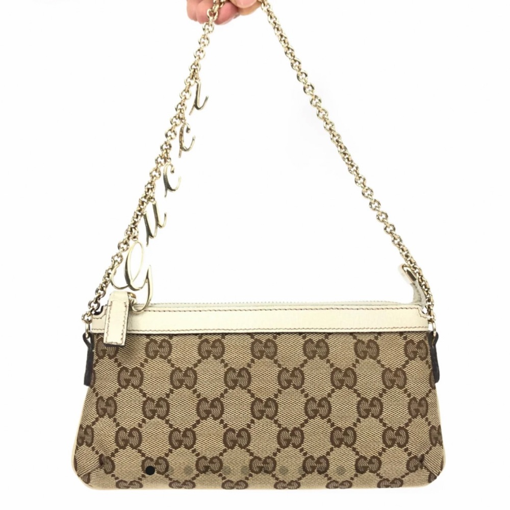 Gucci Brown and Cream Monogram Shoulder Bag with Gold Chain